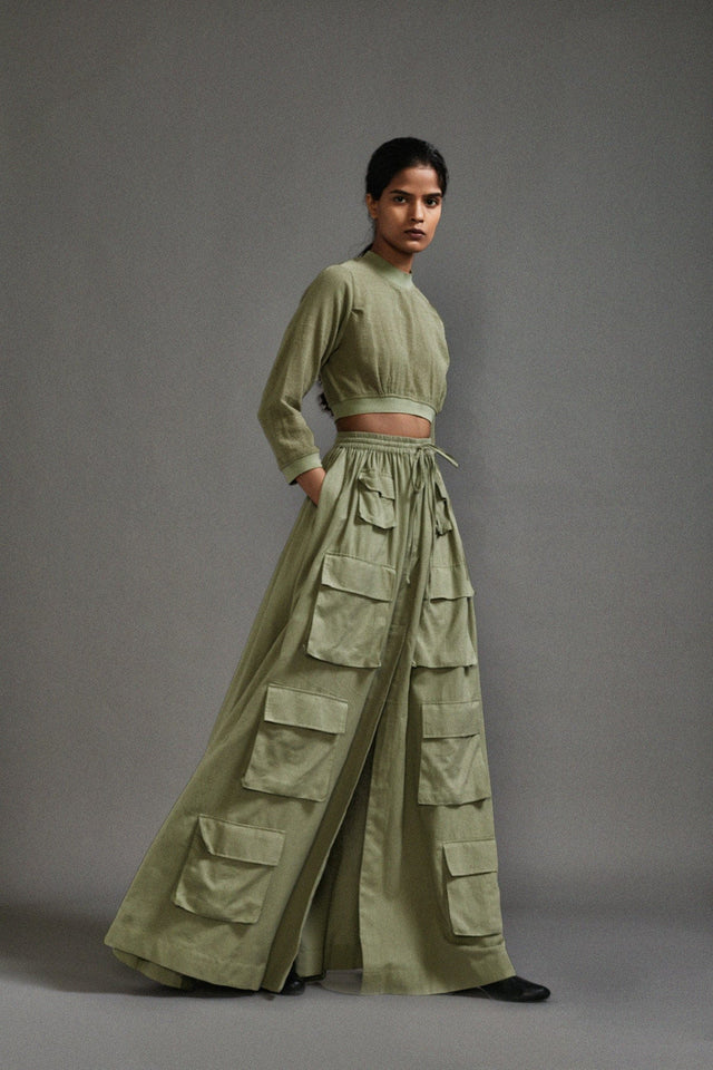 Green Crop Top and Cargo Skirt Set - Two-Piece Set - Mizyana