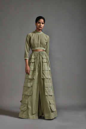 Green Crop Top and Cargo Skirt Set - Two-Piece Set - Mizyana