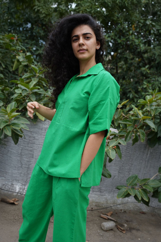 Green Ekin Shirt & Hera Cotton Co-Ord Set (2 PCS) - Two-Piece Set - Mizyana