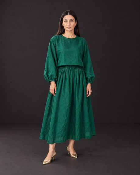 Green Handwoven Silk Blouse and Gathered Skirt Two-Piece Set - Two-Piece Set - Mizyana