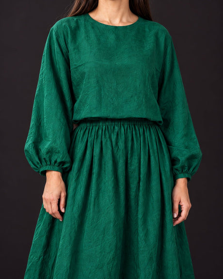 Green Handwoven Silk Blouse and Gathered Skirt Two-Piece Set - Two-Piece Set - Mizyana