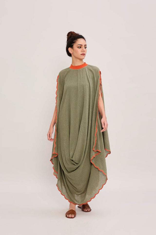 Green Ribbed Scallop Cowl Dress - Dress - Mizyana