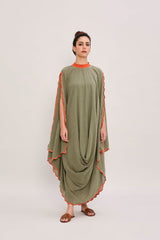 Green Ribbed Scallop Cowl Dress - Dress - Mizyana