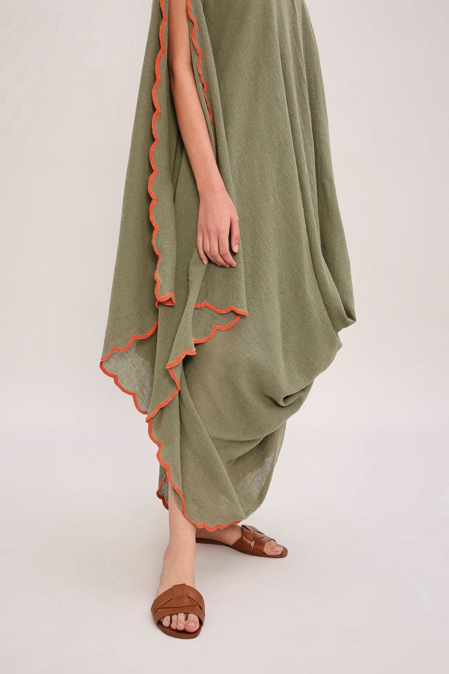 Green Ribbed Scallop Cowl Dress - Dress - Mizyana