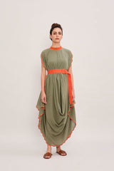 Green Ribbed Scallop Cowl Dress - Dress - Mizyana
