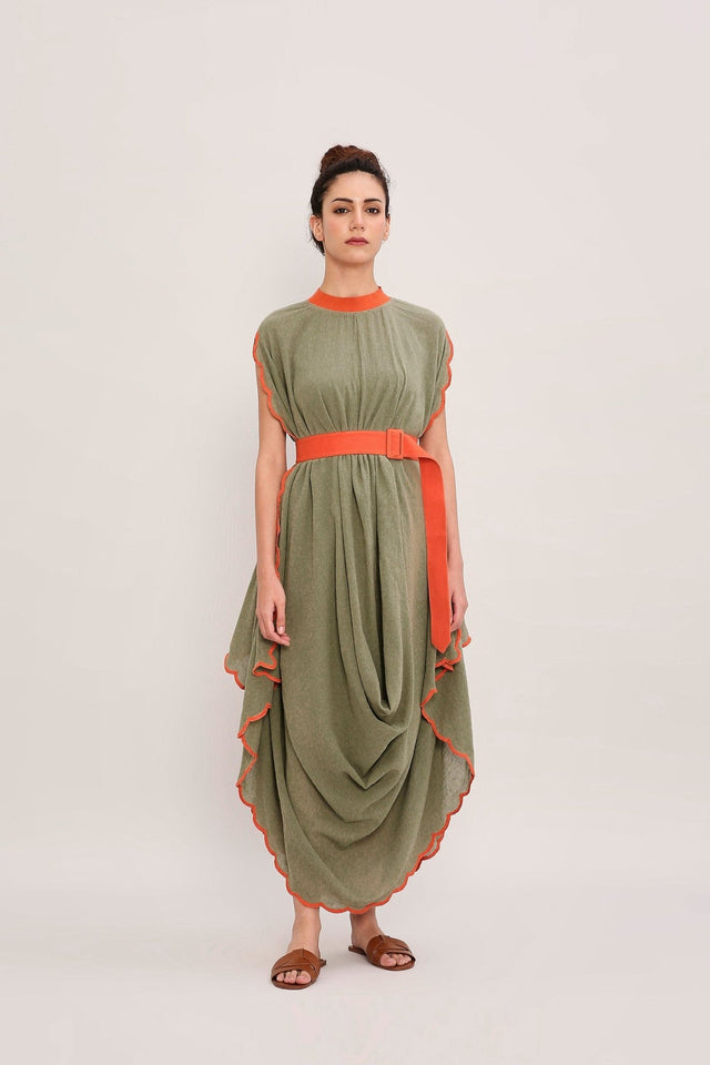 Green Ribbed Scallop Cowl Dress - Dress - Mizyana