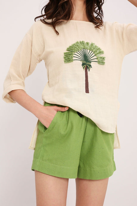 Green Textured Cotton Dotted Shorts - Shorts - Mizyana