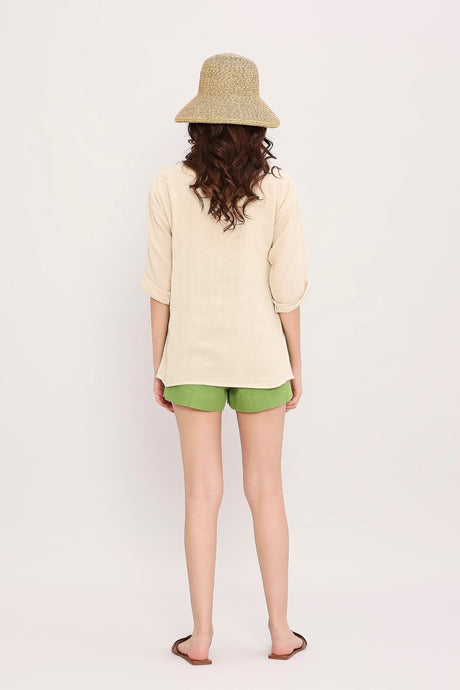 Green Textured Cotton Dotted Shorts - Shorts - Mizyana