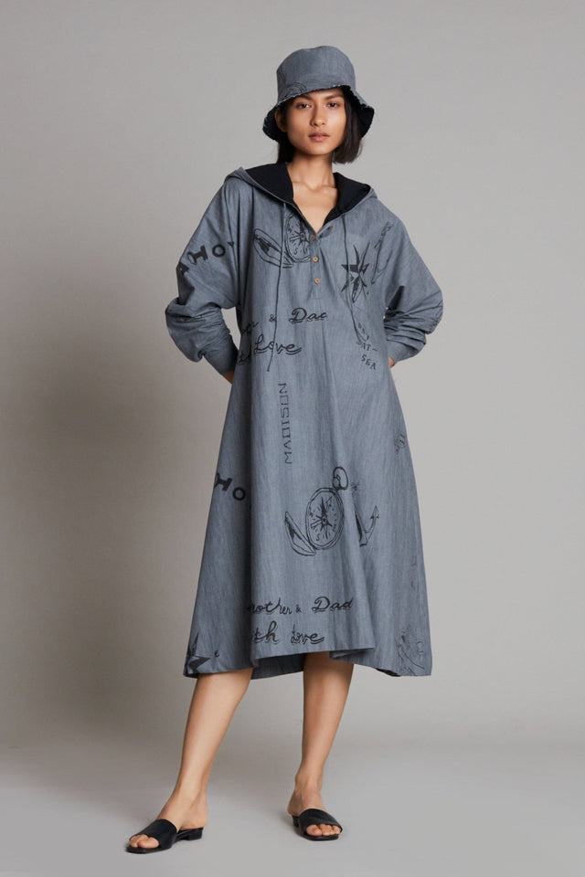 Grey Denim Hoodie Dress - Dress - Mizyana