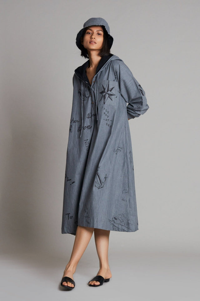 Grey Denim Hoodie Dress - Dress - Mizyana