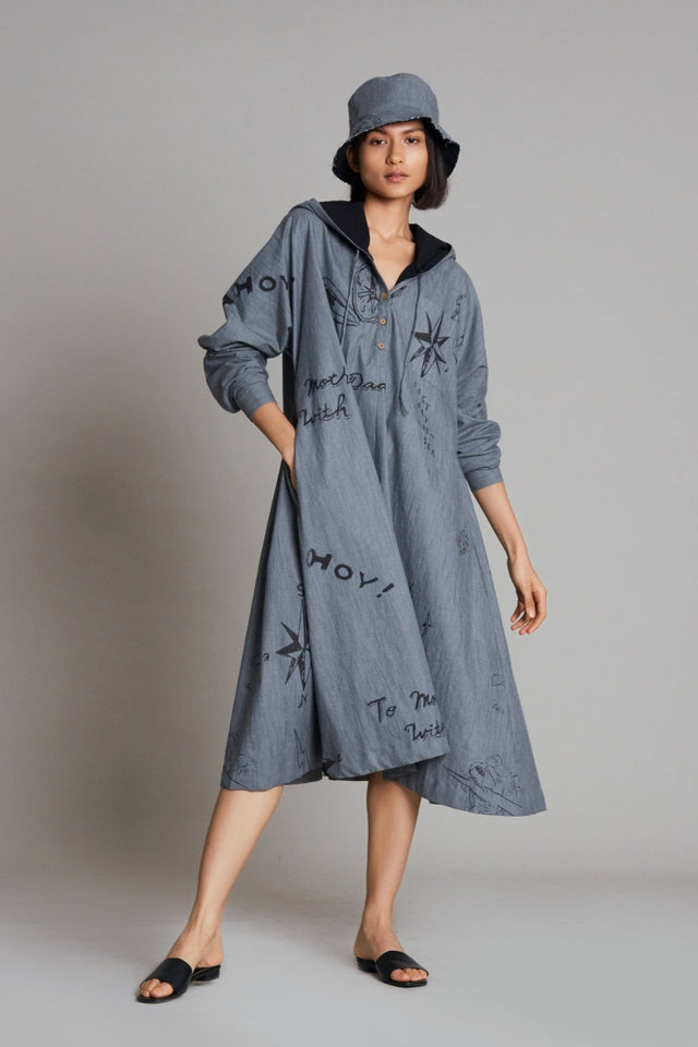 Grey Denim Hoodie Dress - Dress - Mizyana
