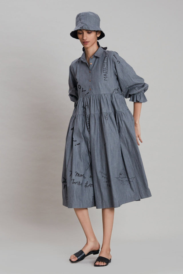 Grey Denim Tiered Dress - Dress - Mizyana