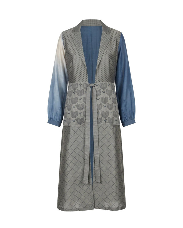 Grey Printed Chanderi Longline Vest with Tie Waist - Vest - Mizyana