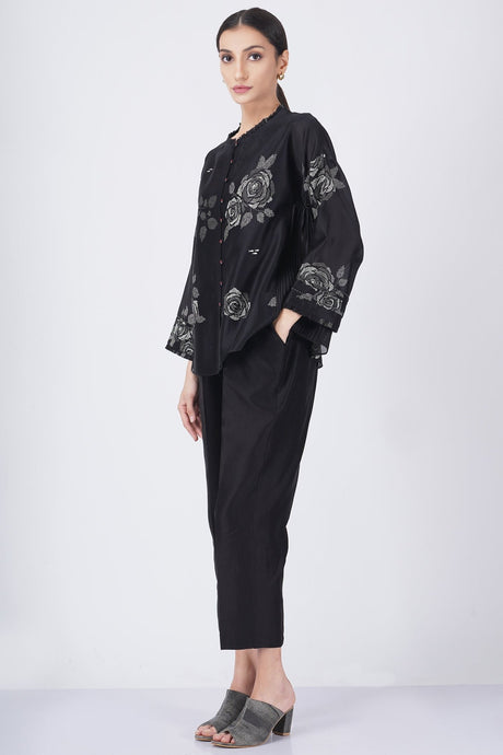 Grey shade rose printed shirt with fish embroidery with solid pant - Two-Piece Set - Mizyana