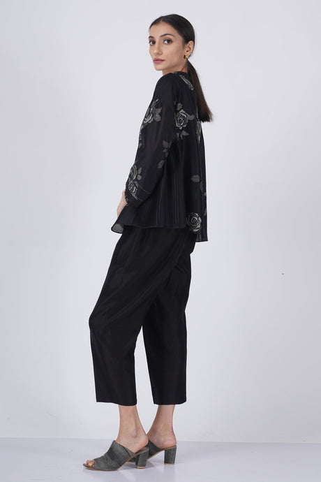 Grey shade rose printed shirt with fish embroidery with solid pant - Two-Piece Set - Mizyana