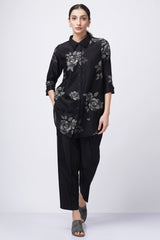 Grey shade rose printed shirt with fish embroidery with solid pant - Two-Piece Set - Mizyana
