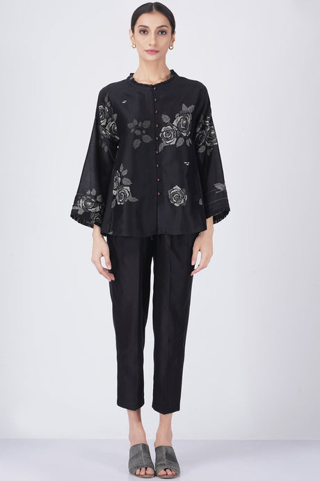 Grey shade rose printed shirt with fish embroidery with solid pant - Two-Piece Set - Mizyana