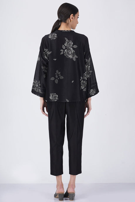 Grey shade rose printed shirt with fish embroidery with solid pant - Two-Piece Set - Mizyana