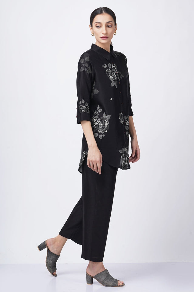 Grey shade rose printed shirt with fish embroidery with solid pant - Two-Piece Set - Mizyana