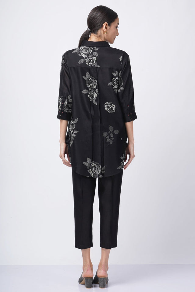 Grey shade rose printed shirt with fish embroidery with solid pant - Two-Piece Set - Mizyana