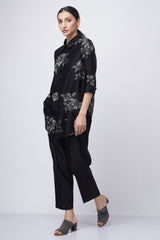 Grey shade rose printed shirt with fish embroidery with solid pant - Two-Piece Set - Mizyana