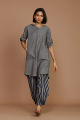 Grey With Charcoal Striped Hooded Co-Ord Set - Co-ord Set - Mizyana