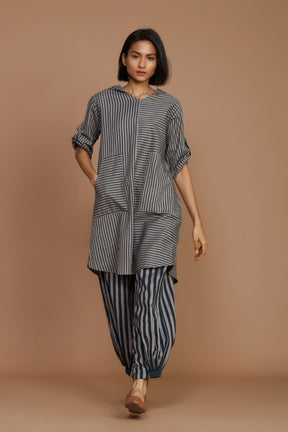 Grey With Charcoal Striped Hooded Co-Ord Set - Co-ord Set - Mizyana