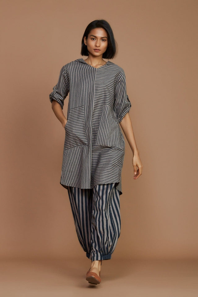 Grey With Charcoal Striped Hooded Co-Ord Set - Co-ord Set - Mizyana
