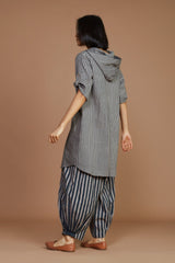 Grey With Charcoal Striped Hooded Co-Ord Set - Co-ord Set - Mizyana