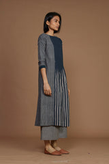Grey With Charcoal Striped Pleated Co-Ord Set - Co-ord Set - Mizyana