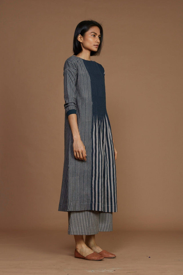 Grey With Charcoal Striped Pleated Co-Ord Set - Co-ord Set - Mizyana