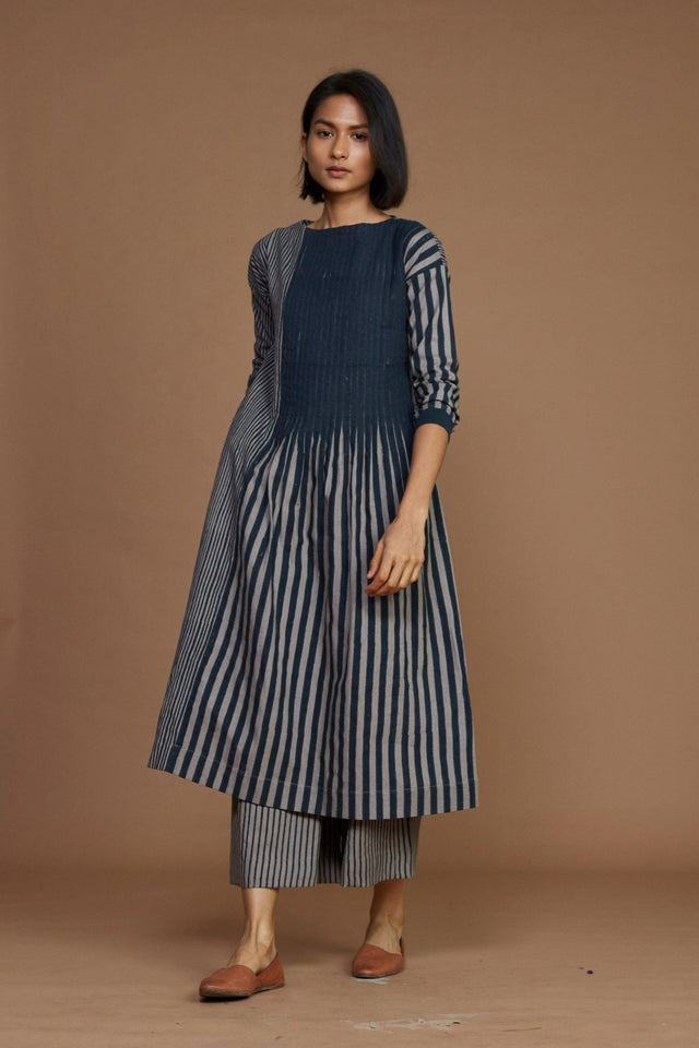 Grey With Charcoal Striped Pleated Co-Ord Set - Co-ord Set - Mizyana