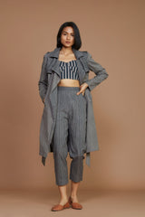 Grey with Charcoal Striped Trench & Corset Co-Ord Set (3 PCS) - Co-ord Set - Mizyana