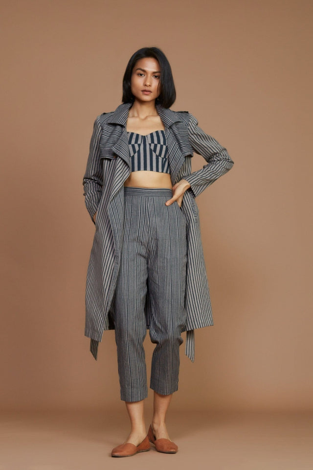 Grey with Charcoal Striped Trench & Corset Co-Ord Set (3 PCS) - Co-ord Set - Mizyana