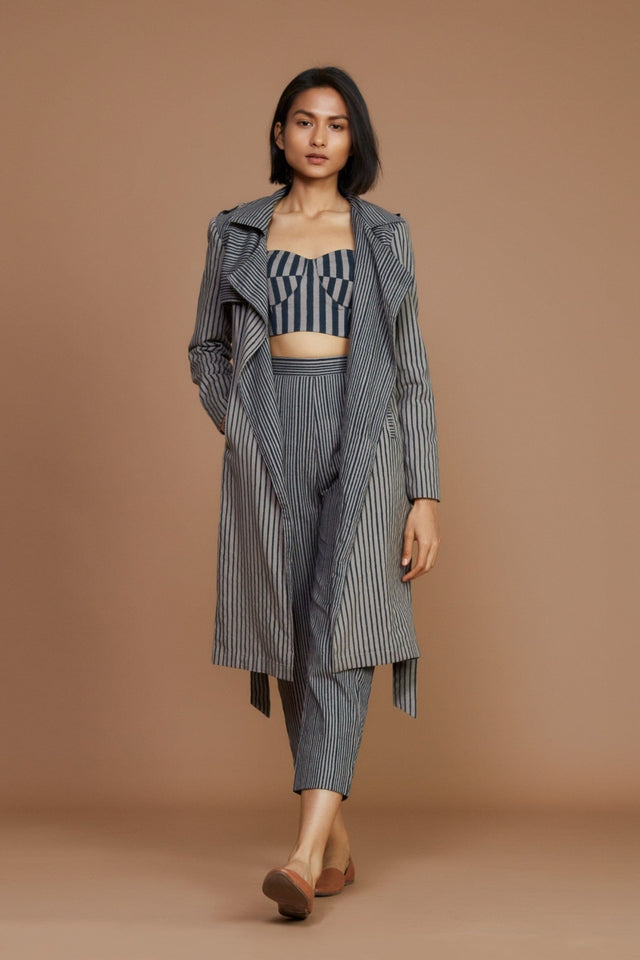 Grey with Charcoal Striped Trench & Corset Co-Ord Set (3 PCS) - Co-ord Set - Mizyana