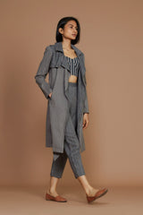 Grey with Charcoal Striped Trench & Corset Co-Ord Set (3 PCS) - Co-ord Set - Mizyana