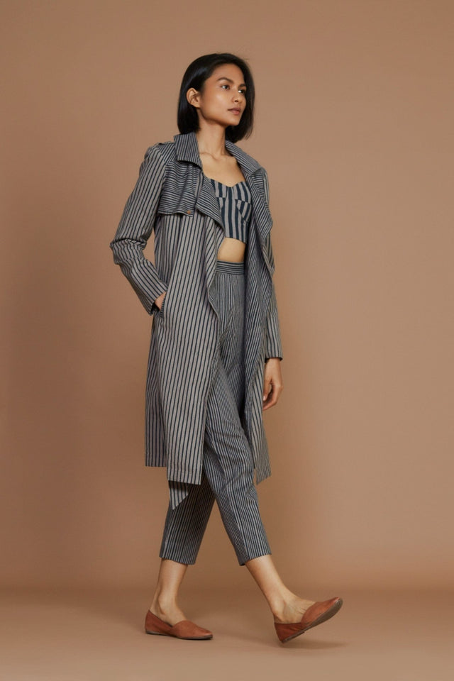 Grey with Charcoal Striped Trench & Corset Co-Ord Set (3 PCS) - Co-ord Set - Mizyana