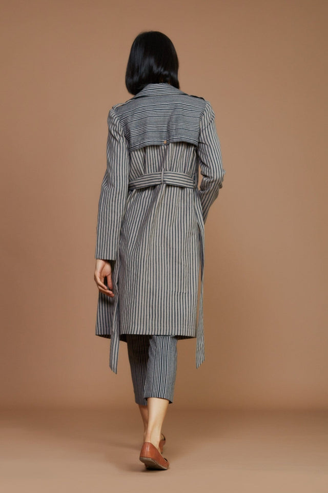 Grey with Charcoal Striped Trench & Corset Co-Ord Set (3 PCS) - Co-ord Set - Mizyana