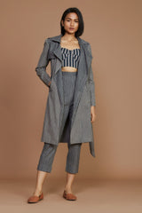 Grey with Charcoal Striped Trench & Corset Co-Ord Set (3 PCS) - Co-ord Set - Mizyana