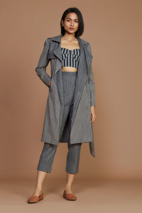 Grey with Charcoal Striped Trench & Corset Co-Ord Set (3 PCS) - Co-ord Set - Mizyana