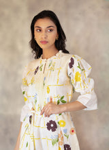 Hand Block Floral Jumpsuit With Hand Made Details In Linen - Jumpsuit - Mizyana