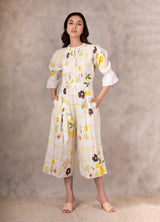 Hand Block Floral Jumpsuit With Hand Made Details In Linen - Jumpsuit - Mizyana