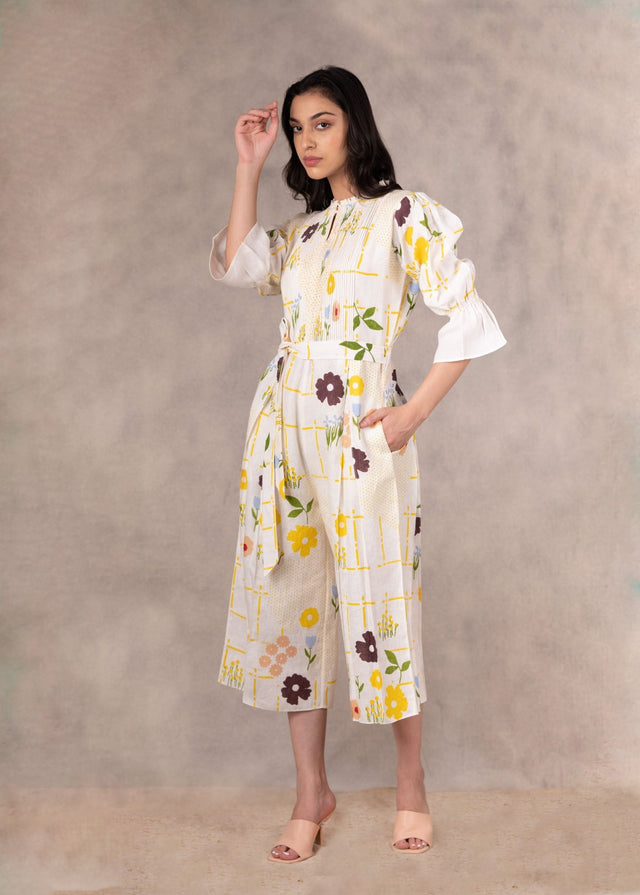 Hand Block Floral Jumpsuit With Hand Made Details In Linen - Jumpsuit - Mizyana