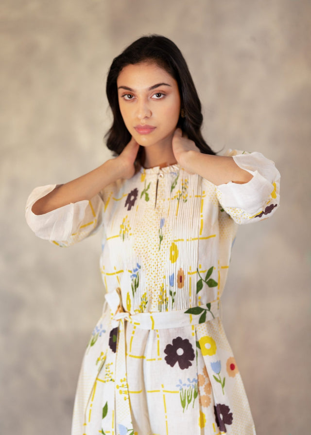 Hand Block Floral Jumpsuit With Hand Made Details In Linen - Jumpsuit - Mizyana