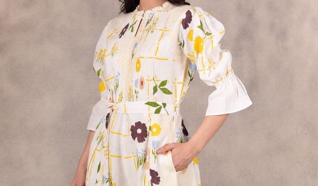 Hand Block Floral Jumpsuit With Hand Made Details In Linen - Jumpsuit - Mizyana