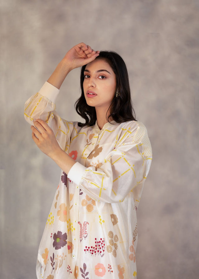 Hand Block Floral Print Long Shirt With Embroidery In Chanderi - Shirt - Mizyana