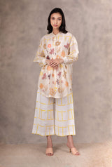 Hand Block Floral Print Long Shirt With Embroidery In Chanderi - Shirt - Mizyana