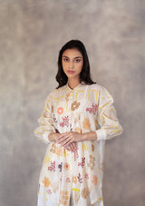 Hand Block Floral Print Long Shirt With Embroidery In Chanderi - Shirt - Mizyana