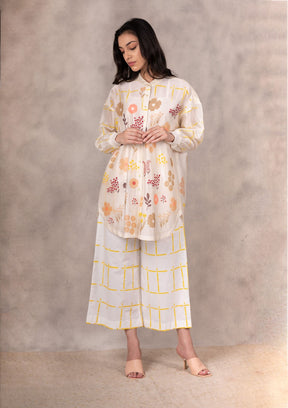 Hand Block Floral Print Long Shirt With Embroidery In Chanderi - Shirt - Mizyana