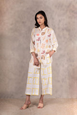 Hand Block Floral Print Long Shirt With Embroidery In Gauze Linen - Shirt - Mizyana